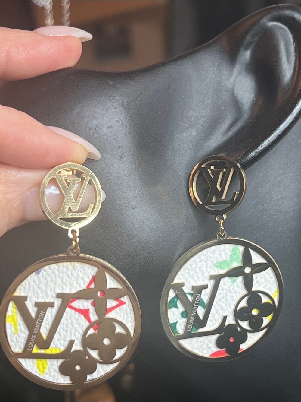Gold Multicolor Monogram Drop Earring in White and Gold
